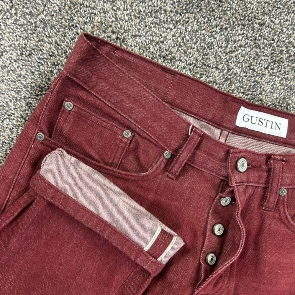 Gustin Slim Fit Raw Selvedge Denim Jeans Burgundy Mens No Size Tag Fits 31x27.5‎